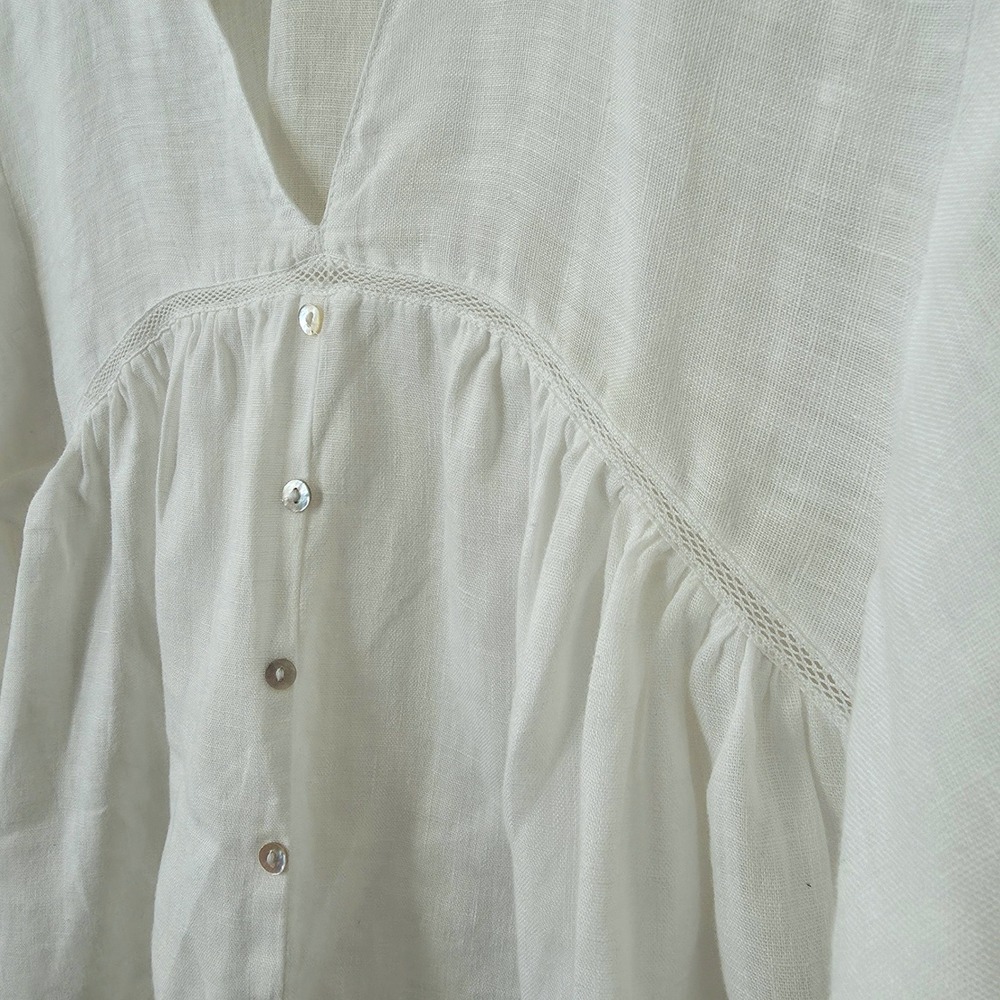 Zara Linen Balloon Sleeve Babydoll Top Sz M Romantic White Flowy Boho Peasant - Picture 5 of 10